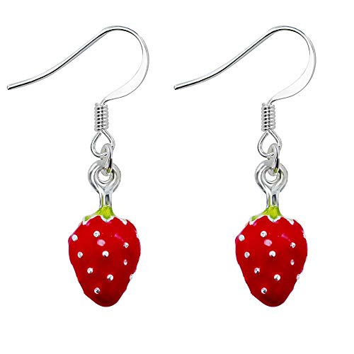 Treuheld | ERDBEEREN Ohrringe/Ohrhänger - süße Erdbeere Hänger fürs Ohr | Obst rot ausgefallene Ohrringe - Frucht FRÜCHTE Strawberry Rockabilly Damen Kostüm Karneval Fasching Edelstahl Silber von Treuheld