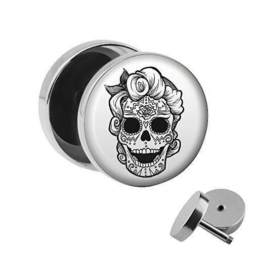 Treuheld | Ohrstecker zum Schrauben - LA Catrina - Girl Skull - schwarz-grau - Motiv Fake-Plug Ø 10mm Silber - Edel-Stahl Ohr-Ringe - Chirurgen-Stahl Fake-Tunnel - Gewinde Ohr-Stecker - Toten-Kopf von Treuheld