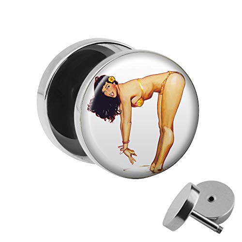 Treuheld | Ohrstecker zum Schrauben - PIN UP Girl - Sexy Aloha-Girl im Bikini - Ø 10mm Silber - Motiv Fake-Plug Edel-Stahl Ohr-Ringe - Chirurgen-Stahl 316LFake-Tunnel - Gewinde Ohr-Stecker Hawaii von Treuheld