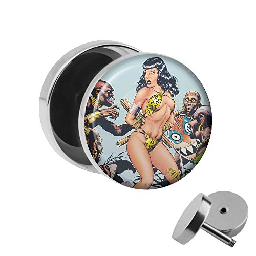 Treuheld | Ohrstecker zum Schrauben - PIN UP Girl - Sexy Amazone im Bikini - Motiv Fake-Plug Ø 10mm Silber - Edel-Stahl Ohr-Ringe - Chirurgen-Stahl 316L Fake-Tunnel - Gewinde Ohr-Stecker von Treuheld