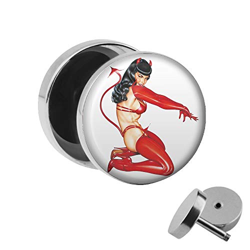 Treuheld | Ohrstecker zum Schrauben - PIN UP Girl - Sexy Teufel in Lack & Leder - Motiv Fake-Plug Ø 10mm Silber - Edel-Stahl Ohr-Ringe - Chirurgen-Stahl 316L Fake-Tunnel - Gewinde Ohr-Stecker - Latex von Treuheld