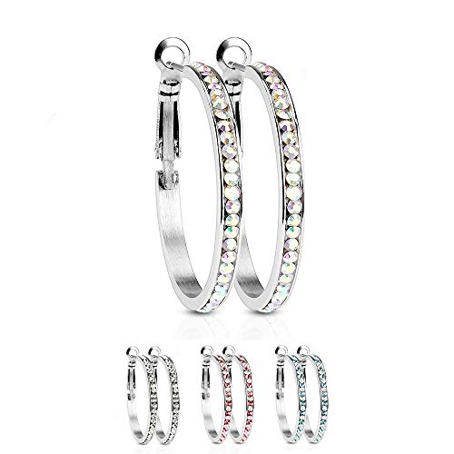 Treuheld | Silberne CREOLEN mit KRISTALLEN - Edelstahl - Damen & Mädchen Ohr-Ringe in Silber - 4 Farben - Zirkonia Glitzer Ohr-Stecker - KLAPP-Verschluss - Ohrschmuck zum Klappen - [01.] - Crystal von Treuheld