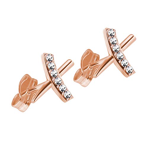 Treuheld | X Ohrstecker mit KRISTALLEN - 925 Silber - Rose-Gold - Sterling Silver Kreuz - Damen & Herren Strass Ohr-Ringe - Kristall Ohr-Stecker mit Zirkonia - Echt-Silber Ohr-Schmuck zum Stecken von Treuheld