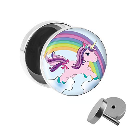 UNICORN Fake Plug - EINHORN mit REGENBOGEN & Wolken - Ø 10mm Bild OHRSTECKER mit MOTIV zum Schrauben - CHIRURGENSTAHL Ohr STECKER Faketunnel Silber - Tunnel Ohrringe Ohrring Stahl Fakeplug EDELSTAHL von Treuheld