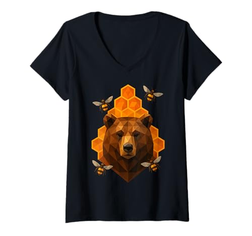 Damen Low Poly Wabenbär Geometrisches Polygon T-Shirt mit V-Ausschnitt Damen Low Poly Wabenbär Geometrisches Polygon T-Shirt mit V-Ausschnitt von Triangular Polygon Bear & Bee Cute Design