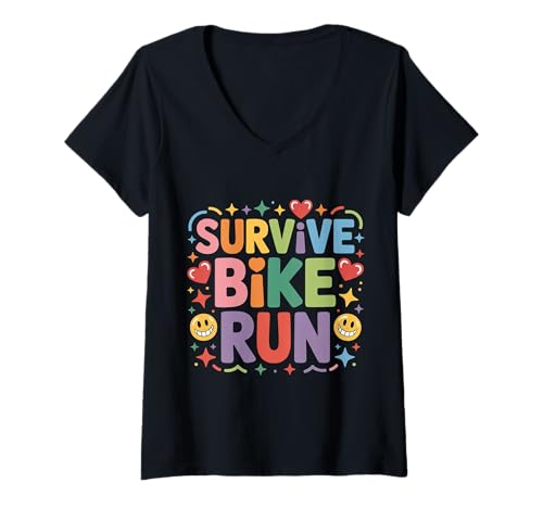 Damen Survive Bike Run Triathlon -Triathletroutine -------- T-Shirt mit V-Ausschnitt von Triathlon -Grit -Training