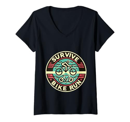 Damen Survive Bike Run Triathlon -Triathletroutine ||- T-Shirt mit V-Ausschnitt Damen Survive Bike Run Triathlon -Triathletroutine ||- T-Shirt mit V-Ausschnitt von Triathlon -Grit -Training