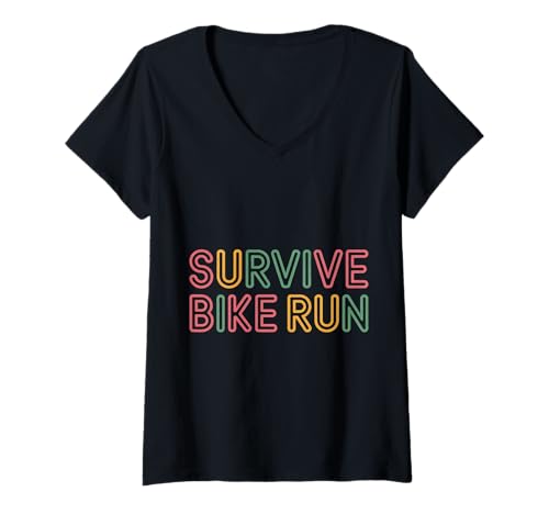 Damen Survive Bike Run Triathlon -Triathletroutine |- T-Shirt mit V-Ausschnitt Damen Survive Bike Run Triathlon -Triathletroutine |- T-Shirt mit V-Ausschnitt von Triathlon -Grit -Training