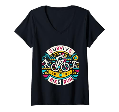 Damen Survive Bike Run Triathlon -Triathletroutine |- T-Shirt mit V-Ausschnitt Damen Survive Bike Run Triathlon -Triathletroutine |- T-Shirt mit V-Ausschnitt von Triathlon -Grit -Training