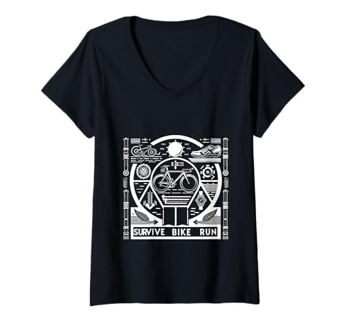 Damen Survive Bike Run Triathlon -Triathletroutine ||- T-Shirt mit V-Ausschnitt Damen Survive Bike Run Triathlon -Triathletroutine ||- T-Shirt mit V-Ausschnitt von Triathlon -Grit -Training
