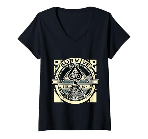 Damen Survive Bike Run Triathlon -Triathletroutine ||- T-Shirt mit V-Ausschnitt Damen Survive Bike Run Triathlon -Triathletroutine ||- T-Shirt mit V-Ausschnitt von Triathlon -Grit -Training