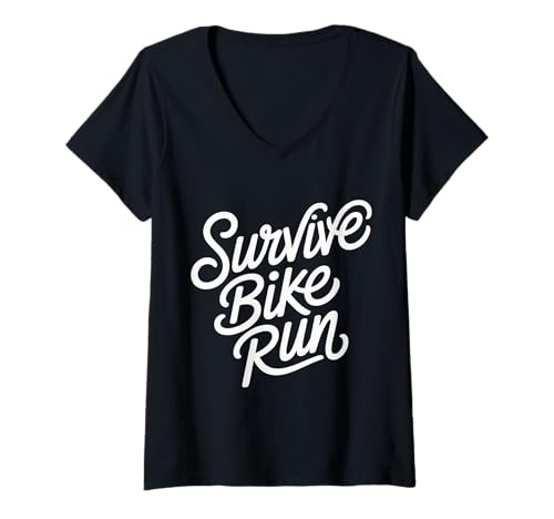 Damen Survive Bike Run Triathlon -Triathletroutine |- T-Shirt mit V-Ausschnitt von Triathlon -Grit -Training