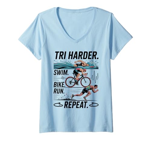 Damen Triathlon Bikes Triathlon Damen Schwimmen Bike Run Triathlon T-Shirt mit V-Ausschnitt von Triathlon Must Haves Athlete Mens Triathlon Gear