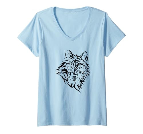 Damen Tribal Wolf Head Kunstwerk Lone Northern Wildlife Wild T-Shirt mit V-Ausschnitt Damen Tribal Wolf Head Kunstwerk Lone Northern Wildlife Wild T-Shirt mit V-Ausschnitt von Tribal Animal Tattoo Merch Apparel Designs