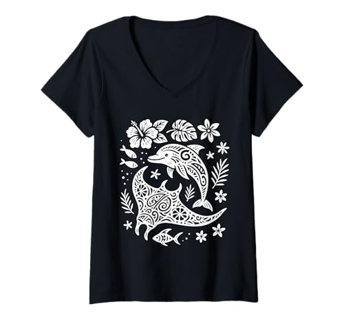 Damen Tribal Delphin Manta Ray Ocean Marine Life Lover T-Shirt mit V-Ausschnitt Damen Tribal Delphin Manta Ray Ocean Marine Life Lover T-Shirt mit V-Ausschnitt von Tribal Ocean Marine Animal Sea Life Creations