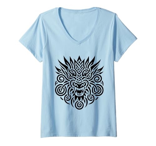 Damen Drache Tribal Motive Drache Orientalische Linienkunst T-Shirt mit V-Ausschnitt Damen Drache Tribal Motive Drache Orientalische Linienkunst T-Shirt mit V-Ausschnitt von Tribal Patterns Polynesian