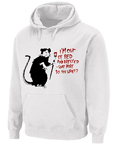 Tribal T-Shirts Herren Kapuzenpullover Banksy I'm Out of Bed and Dressed Rat, weiß, S von Tribal T-Shirts