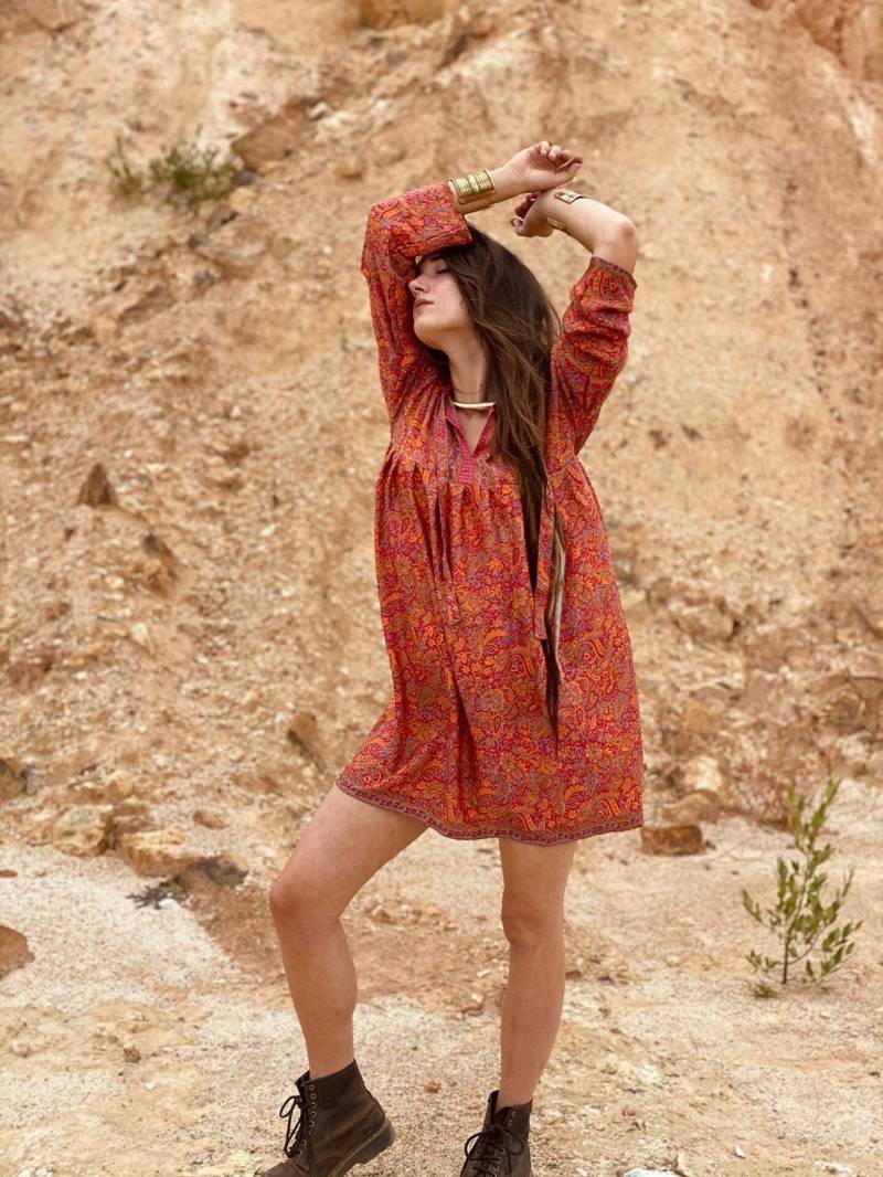 Rotes Seidenkurzes Kleid | Blumenkleid Plissee Seidenkleid Schleife Skater Sommerkleid Frühling von TribalDesert