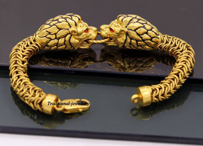 Vintage Antike Stilvolle Handgemachte Löwe Armband in Soliden Gepunzten 22Kt Gelbgold Herren Gesicht Täglich Verwenden Schmuck von TribalOrnaments