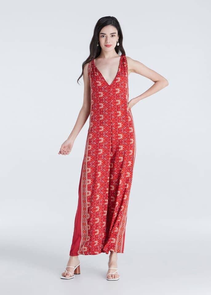Frauen Boho Jumpsuits Strampler V-Ausschnitt Blumen Knoten Zurück Ärmellos Weites Bein Fließender Overall Stoff Hippie Bunt 70Er Jahre Vintage Chic von TribalSpiritShop