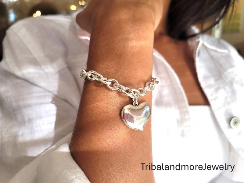 Silber Klobiges Armband, Kette Herz Stapelkette Armband Für Frauen, Armreif Klobige Link-Armband von TribalandmoreJewelry
