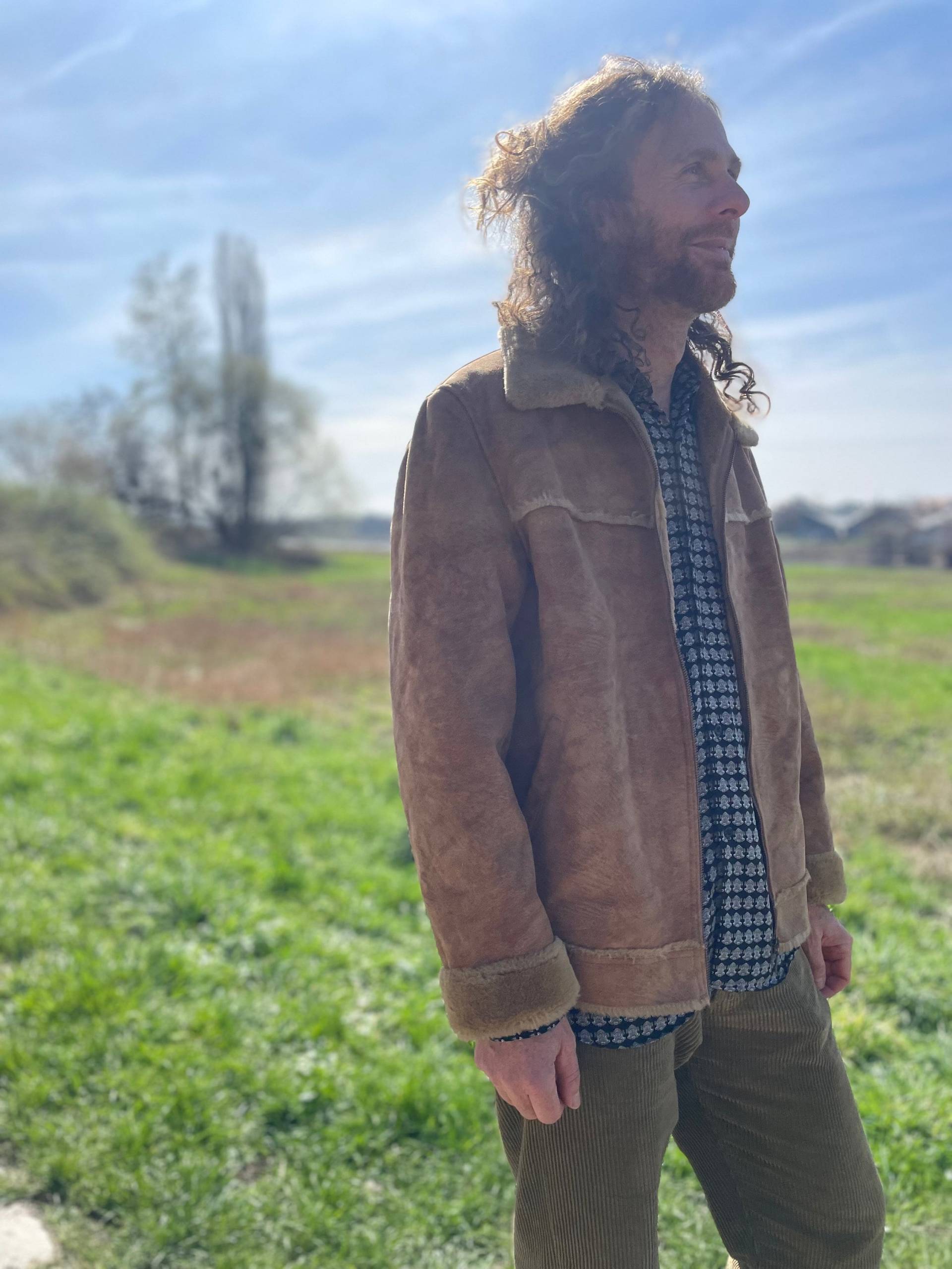 Jacke Hellbraun Beige Vintage Fell Weich Jacket Kuschelig Eco Männer Größe M True Vintage Retro Hippie Hipster Natural Wear von TribaliGitana