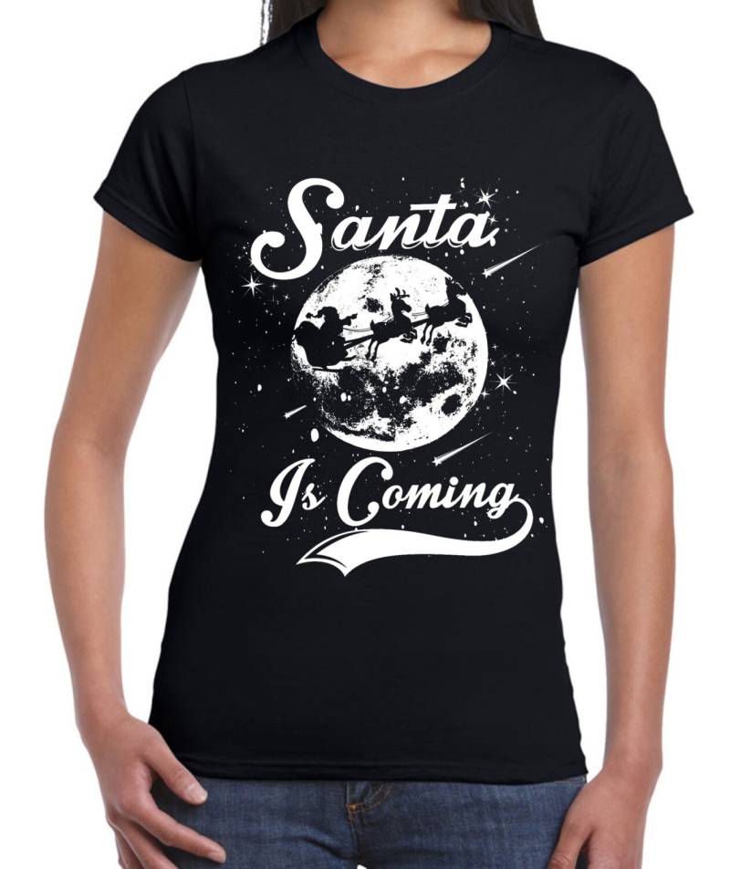 Santa Kommt Frauen Weihnachten T-Shirt - Weihnachtsmann Text Zitat von Tribaltshirts