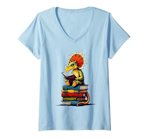 Damen Lesen Buch Bücherwurm Lesen Dinosaurier Triceratops Bücher Drache T-Shirt mit V-Ausschnitt von Triceratops Books lover Reading Bookworm Dragon
