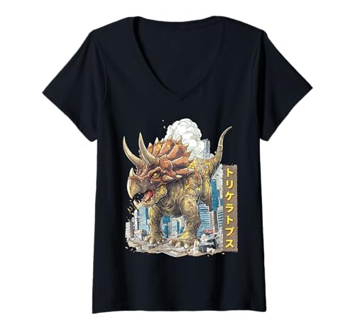 Damen Lustiger Triceratops Dinosaurier Kaiju Monster Japanisch T-Shirt mit V-Ausschnitt Damen Lustiger Triceratops Dinosaurier Kaiju Monster Japanisch T-Shirt mit V-Ausschnitt von Triceratops Dinosaur Kaiju Monster Clothing
