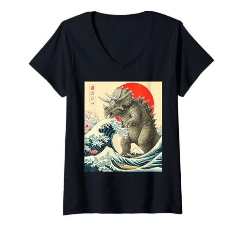 Damen Triceratopszilla Triceratops Japanische Kunst Lustige Löwe Geschenke T-Shirt mit V-Ausschnitt Damen Triceratopszilla Triceratops Japanische Kunst Lustige Löwe Geschenke T-Shirt mit V-Ausschnitt von Triceratops Japanese Art Funny Cat Gifts Tee