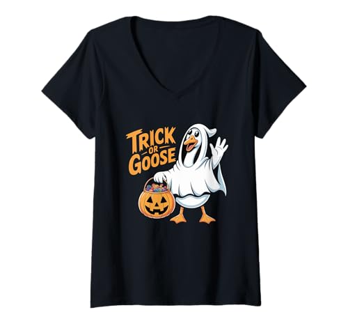 Damen Trick Or Goose Lustiger Halloween Kürbis Süßigkeiten Tier Niedlich T-Shirt mit V-Ausschnitt Damen Trick Or Goose Lustiger Halloween Kürbis Süßigkeiten Tier Niedlich T-Shirt mit V-Ausschnitt von Trick Or Goose Funny Halloween Pumpkin Candy