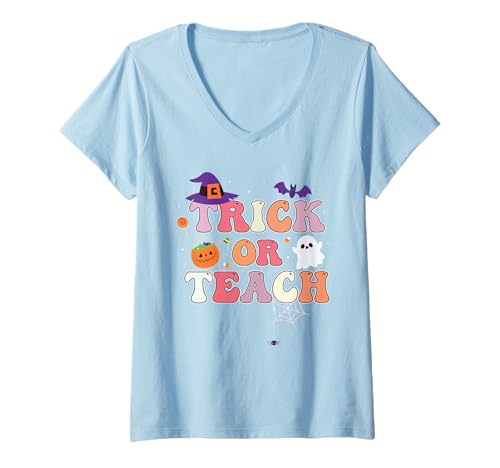 Damen Trick Or Teach Halloween Lehrer Kostüm Ghost Spirit T-Shirt mit V-Ausschnitt Damen Trick Or Teach Halloween Lehrer Kostüm Ghost Spirit T-Shirt mit V-Ausschnitt von Trick Or Teach