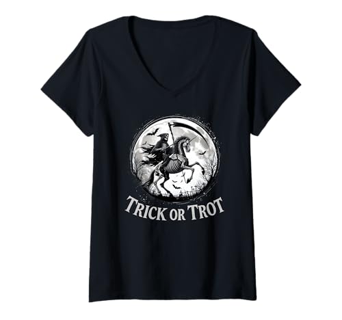 Damen Trick Or Trot Halloween Sensenmann Einhorn Skelett Pferd T-Shirt mit V-Ausschnitt von Trick Or Trot Halloween Grim Reaper Unicorn Horse