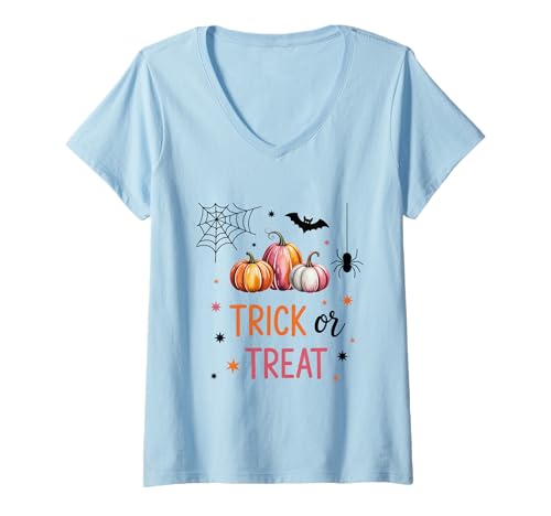 Damen Trick Treat Shirt, süßes rosa-Oranges Halloween-Kürbis T-Shirt mit V-Ausschnitt von Trick Treat Tee Shirts for Candy Lovers