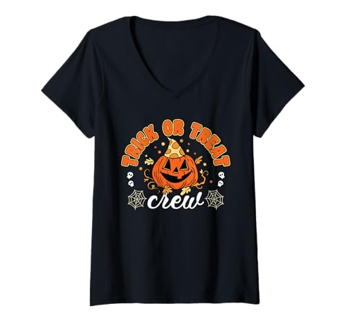 Damen Trick or Treat Crew Kürbis Halloween Outfit Kürbis T-Shirt mit V-Ausschnitt von Trick or Treat Crew Pumpkin