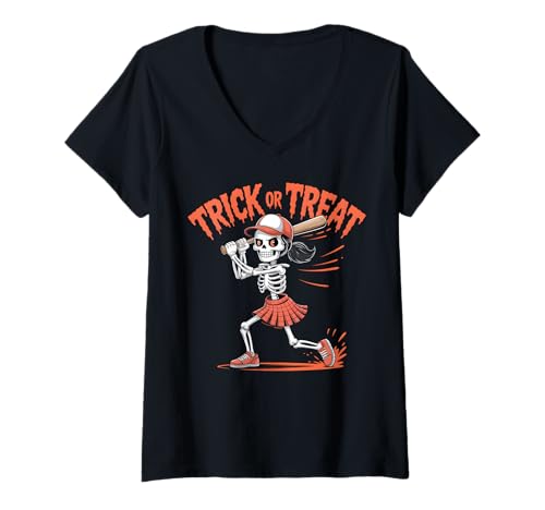 Damen Skelett Mädchen Trick or Treat Baseball Halloween Kostüm T-Shirt mit V-Ausschnitt Damen Skelett Mädchen Trick or Treat Baseball Halloween Kostüm T-Shirt mit V-Ausschnitt von Trick or Treat Skeleton Sports Apparel
