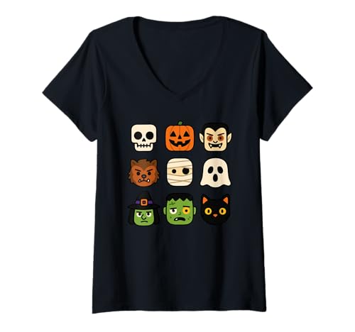 Damen Halloween Bausteinköpfe Jugend Kinder Halloween T-Shirt mit V-Ausschnitt Damen Halloween Bausteinköpfe Jugend Kinder Halloween T-Shirt mit V-Ausschnitt von Tricks Or Bricks Merch