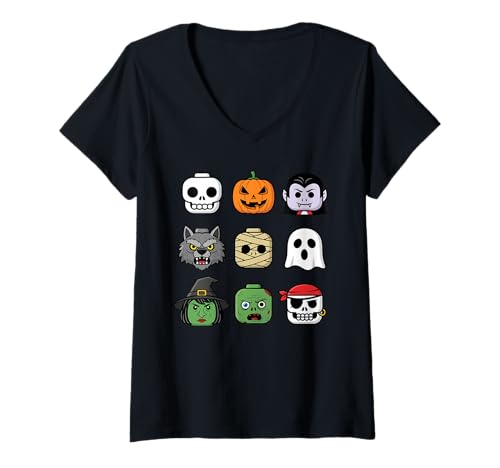 Damen Halloween Bausteinköpfe Jugend Kinder Halloween T-Shirt mit V-Ausschnitt Damen Halloween Bausteinköpfe Jugend Kinder Halloween T-Shirt mit V-Ausschnitt von Tricks Or Bricks Merch