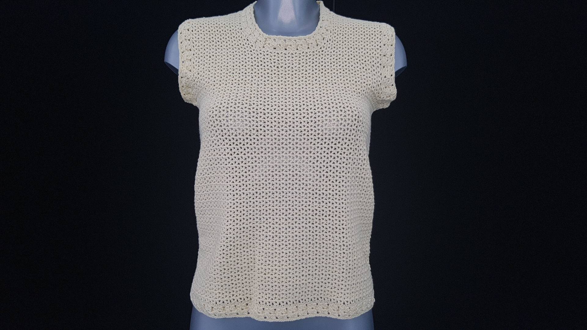 Ärmelloser Lochmusterpullover, Gelbes Tanktop, Gehäkeltes Top, Handgefertigt, Größe 38/40, Baumwoll-Woll-Mischung, Hochwertiges Garn, Unikat von TricotDeBinouche