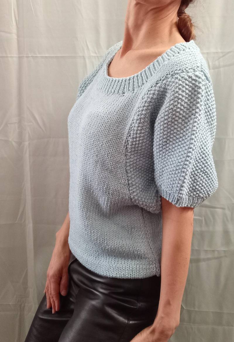 Damen-Baumwollpullover, Blau Mit Extraweiten Ärmeln, Größe 38/40, Jersey - Und Perlmuster, Für Sommer Oder Übergangszeit, Original von TricotDeBinouche