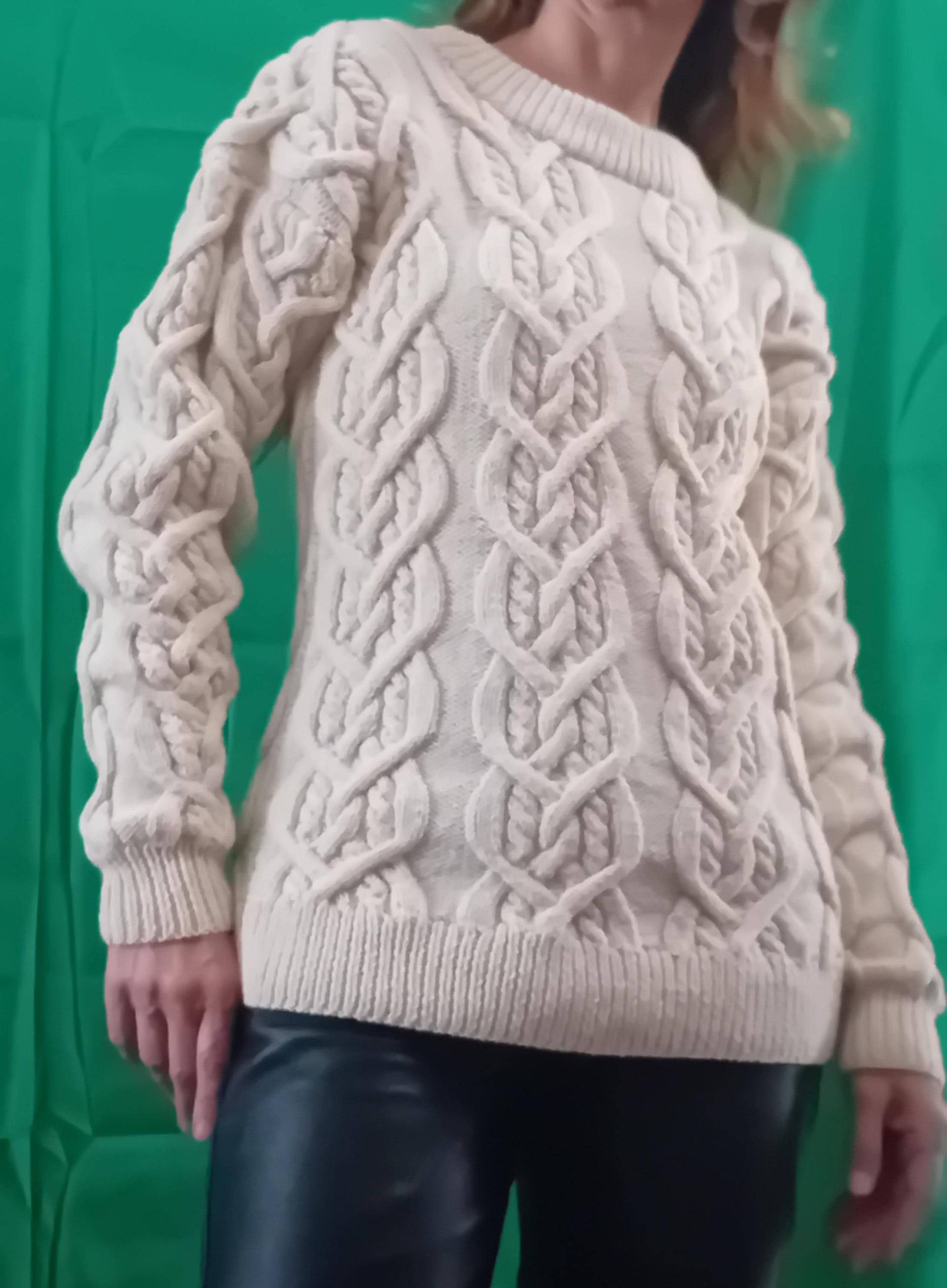 Ecrufarbener Damenpullover, Maxi-Zopfpullover, Größe 40, Handgestrickt, Aus Luxuriösem Woll - Und Kaschmirgarn, Prächtig von TricotDeBinouche
