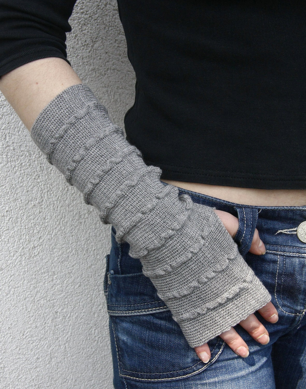 Armstulpen Handschuhe Grau Reine Merino von Tricotruc