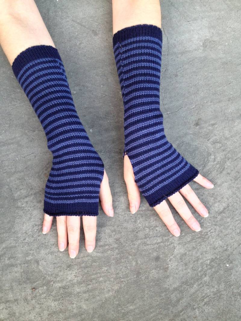 Ocieplacze Na Ręce Niebieskie Rękawiczki Bez Palców Rękawiczki W Paski von Tricotruc