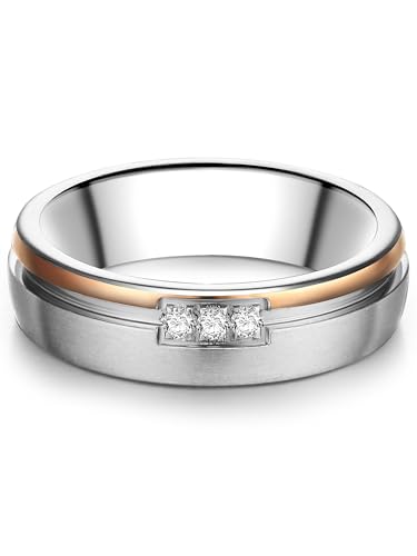 Trilani Damen Ehering Edelstahl silber/rosevergoldet Zirkonia im Brilliantschliff Partnerring Bandring breit Edelstahlring Trauring von Trilani