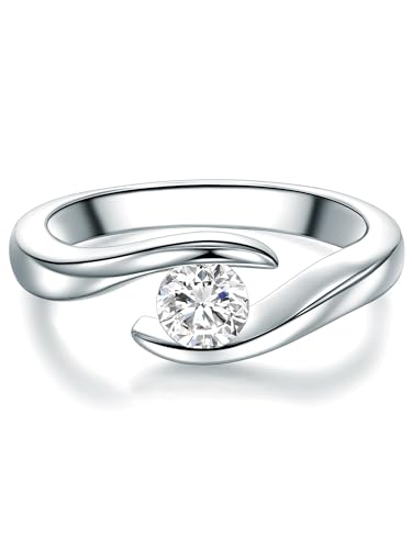Trilani Damen-Solitärring 925/- Sterling Silber Zirkonia weiß im Brillantschliff - Spannring gedreht Verlobungsring Antragsring Trauring von Trilani