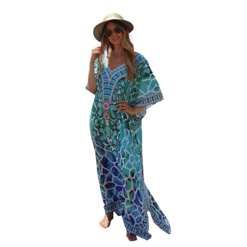 Trillion London Seegrüner blauer langer Kaftan|Für Frauen|Strandbekleidung, Coverup-Kleid|Geeignet für den Sommer|Polyester|Weicher leichter Stoff|Feiertags-Loungewear|Passend für UK-Größe 6 bis 14 von Trillion London