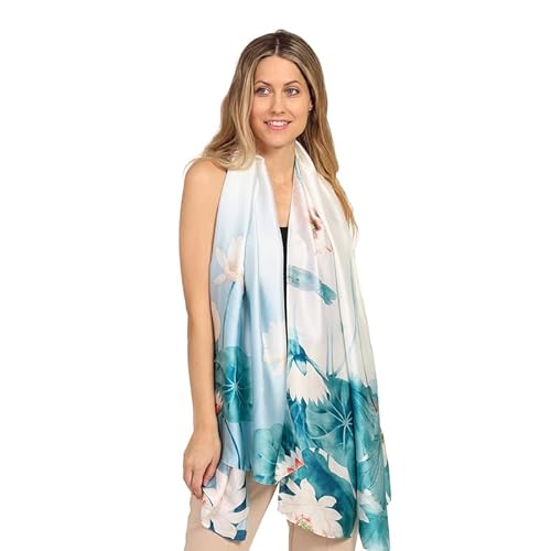 Trillion London® Seidenschal für Damen | Leichte Damenschals | Schals | Kopftuch | Geschenke für Damen | Designerdrucke | Alltagskleidung | Geschmeidig und weich | Blumendruck | Aquablau von Trillion