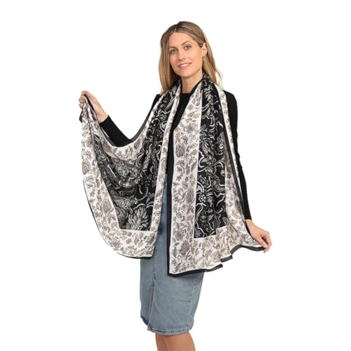 Trillion London® Seidenschal für Damen | Leichte Damenschals | Schals | Kopftuch | Geschenke für Damen | Designerdrucke | Alltagskleidung | Glatt und weich | Schwarz und Weiß von Trillion