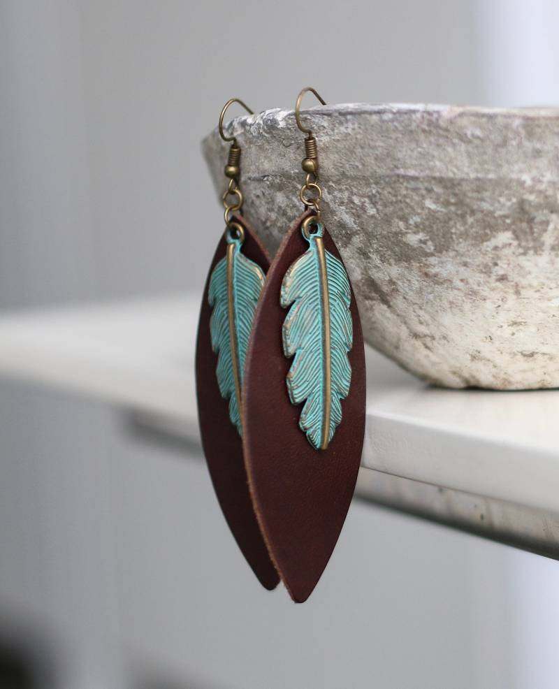 Leder Ohrringe ‖ Boho Blatt Und Feder Leder Ohrringe ‖ Boho Blatt Und Feder von TrimAndTrap