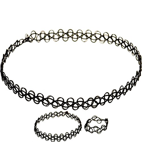 Trimming Shop Damen Choker Halskette Schwarz Tattoo Choker Dehnbar Retro Punk Gothic Elastische Spitze Halskette Armband Ring Set Modeschmuck Accessoire für Frauen und Mädchen von Trimming Shop